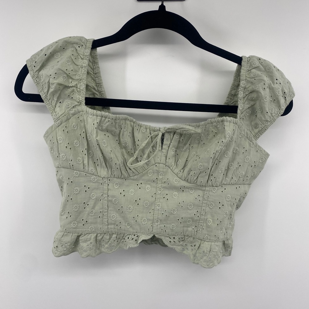 Hollister Eyelet Crop Top Women XS Green Smocked Back Ruffle Hem Floral Boho